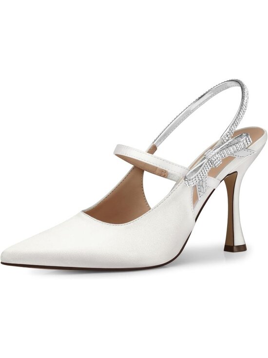 Shoes - Women's Satin White Ankle Strappy With Rhinestone Bow Party Wear Kitten Heels